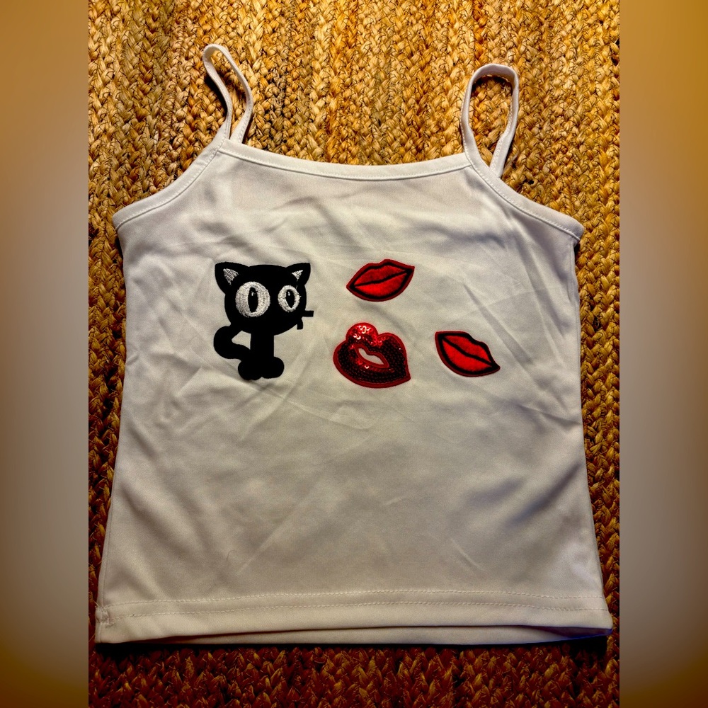 White Tank Top with Cat and Lips Design